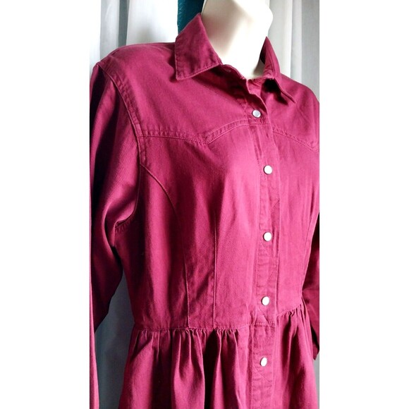 Vintage 80's Red Denim Western Style Dress Pearl Snap Button Gitano Medium - Picture 4 of 11